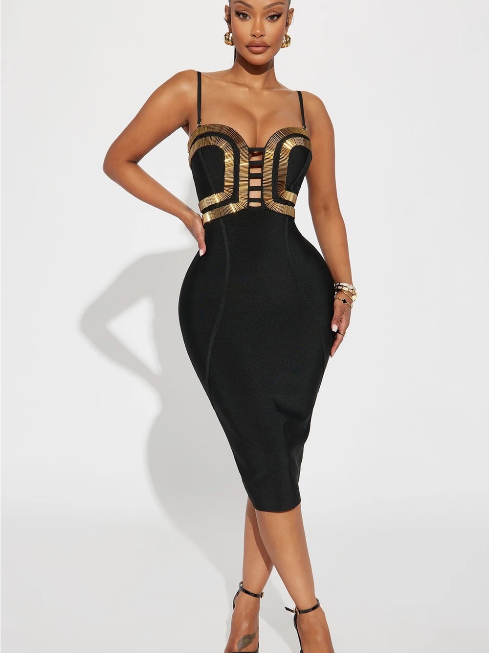 Fashion Nova Black & Gold Strappy Bustier Midi Dress